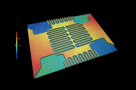 Color-coded 3D surface topography of a microfabricated structure with thermal expansion data from Polytec optical metrology.