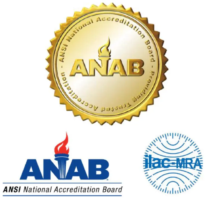 Gold ANAB accreditation seal with ANSI National Accreditation Board and ilac-MRA logos, symbolizing ISO/IEC 17025 calibration excellence.