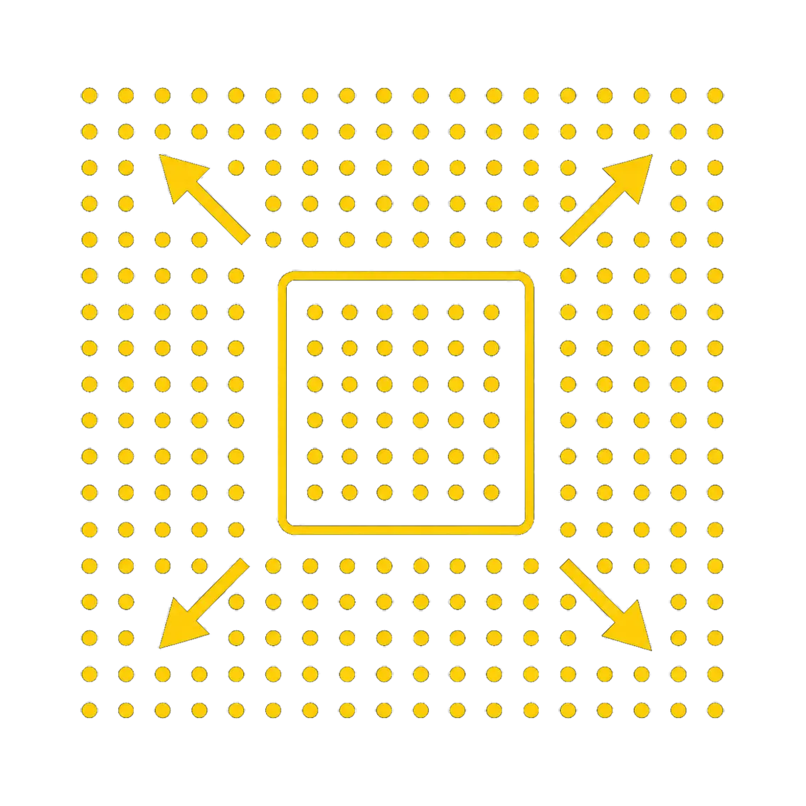 Yellow grid dots with arrows expanding outward, illustrating large-area coverage and scalable surface measurement capability.