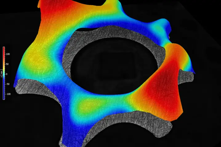3D surface topography of a metal component with color-coded height mapping from a Polytec Metro.Lab white-light interferometer.