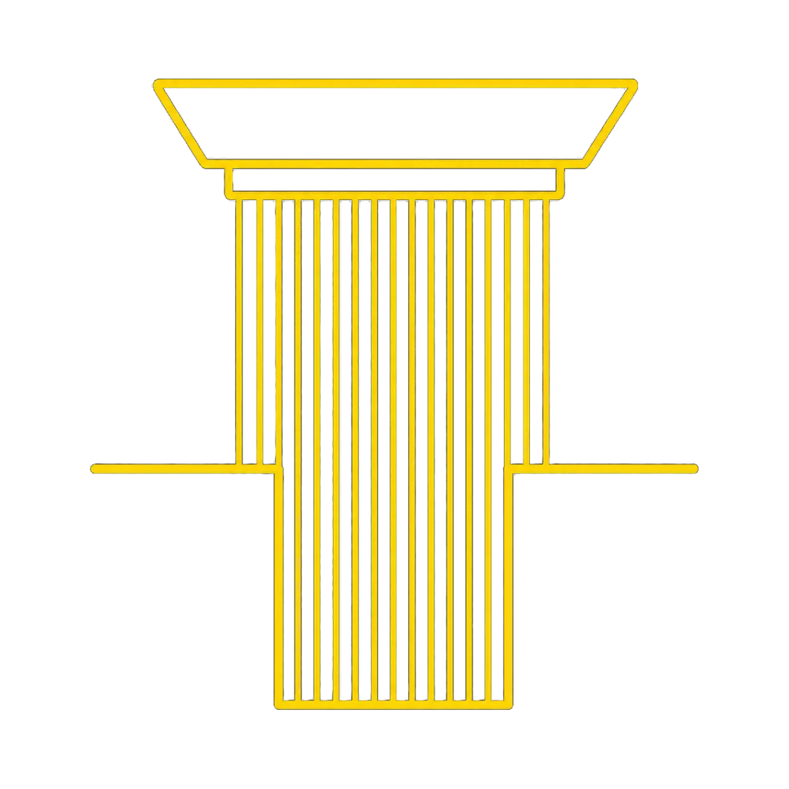 Yellow line graphic illustrating a telecentric optical measurement setup with parallel rays targeting a recessed cylindrical bore.