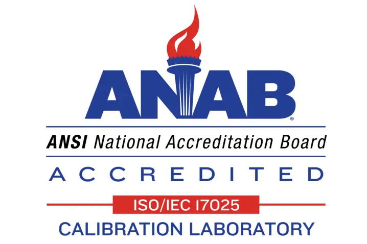 ANAB ISO/IEC 17025 Accredited Calibration Laboratory logo with red flame symbol representing ANSI National Accreditation Board.