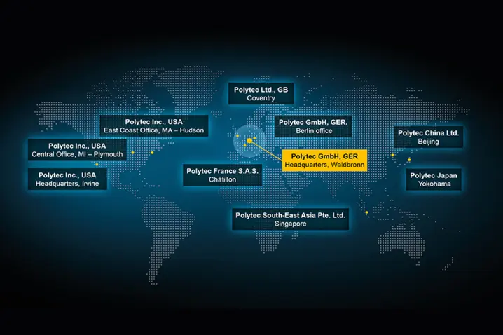 Global Polytec office locations highlighted on a world map with the German Waldbronn headquarters emphasized in yellow.