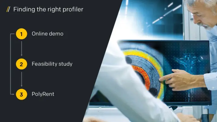 Two technicians discuss surface metrology results displayed on a transparent screen, highlighting steps to find the right profiler.