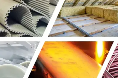 Corrugated cardboard production, thermal insulation installation, industrial metal rolling, and copper wire manufacturing showcasing diverse industrial processes.