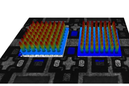 球栅阵列（BGA）凸点3D高度测量图，展示红色凸点形貌及蓝色基座，应用于BGA质量检测和翘曲分析。