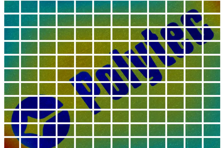 Close-up of a multicolored textured surface with the blue Polytec logo overlaid in a tiled grid pattern.