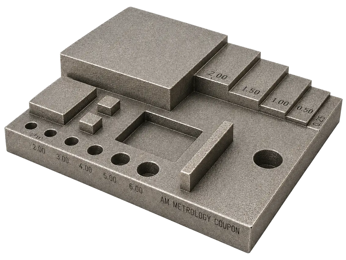 3D printed metal metrology coupon with step heights and diameter holes for additive manufacturing surface texture and flatness testing.