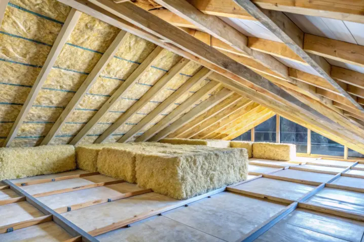 Attic with wooden beams and installed fiberglass insulation batts for energy-efficient home insulation and temperature control.