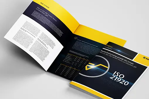 Polytec brochure on ISO 21920 surface texture standards with technical data and ISO measurement guidelines in yellow and black design.