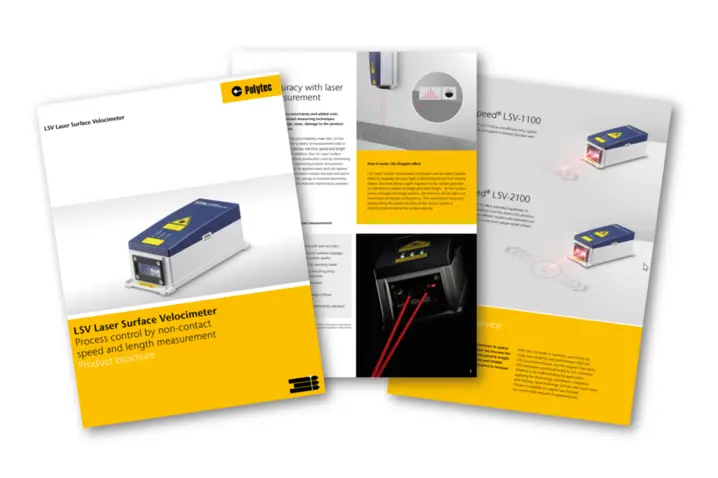 Polytec LSV laser surface velocimeter brochure highlighting non-contact speed and length measurement for industrial process control.