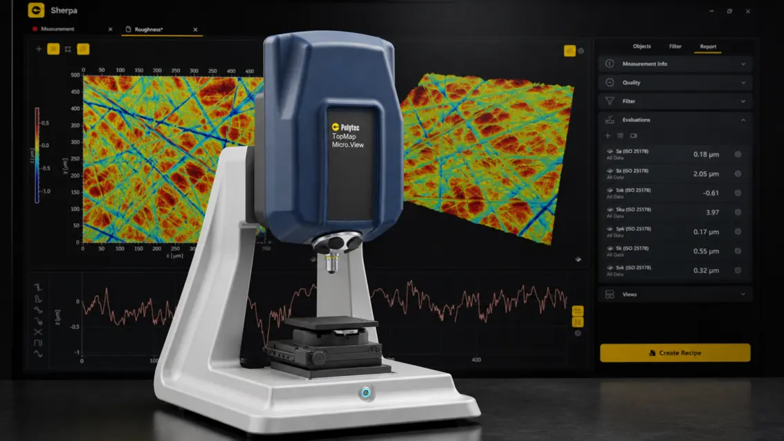 Polytec Micro.View non-contact surface metrology system analyzing roughness on ceramic and metal implants with colorful 3D graphs.