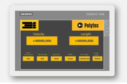 Polytec激光传感器循环测量数据显示在西门子SIMATIC触摸式人机界面,实时监控速度和长度。