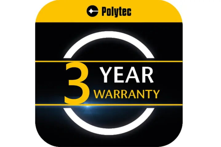 Polytec 3 year warranty badge with bold yellow and white text on black background, emphasizing product reliability.