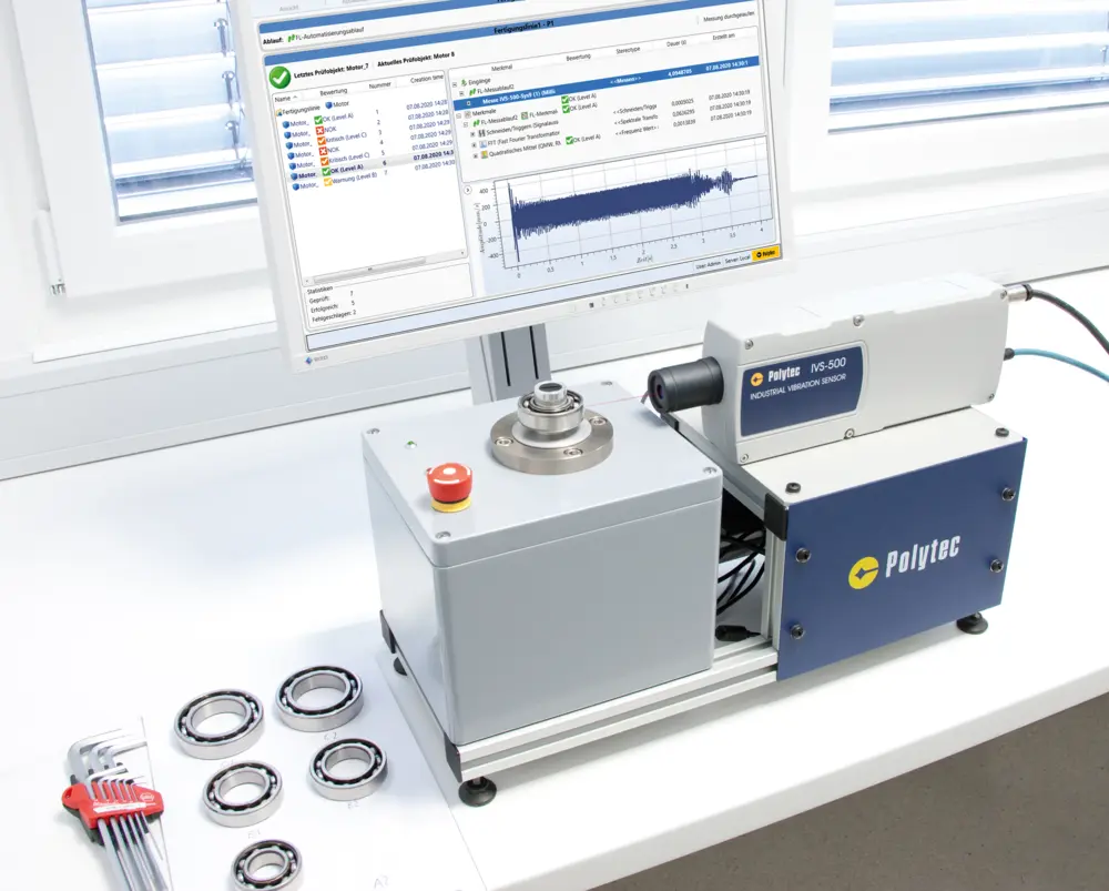 Polytec MS-500激光多普勒振动计与自动化测试台结合,实时监测轴承振动数据,提升工业品质检测效率。
