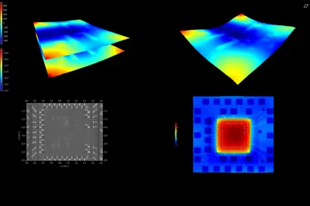 3D surface topography and heatmap analysis of flexible electronics and integrated chips showing form parameters and roughness data.