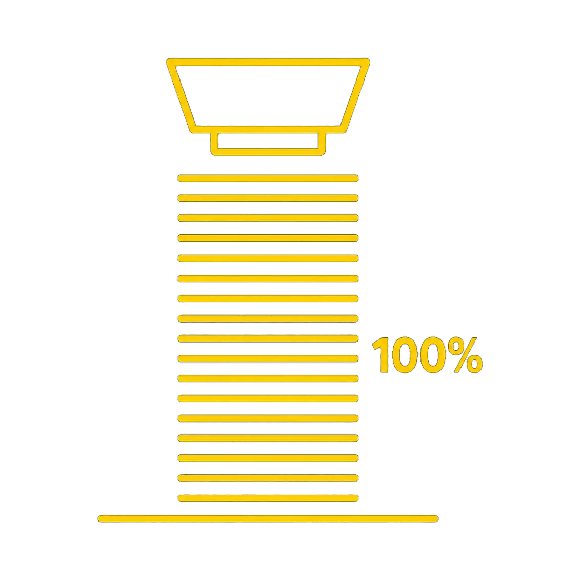 Yellow line stack icon with a trapezoid top symbolizing full 100% capacity or completion progress.