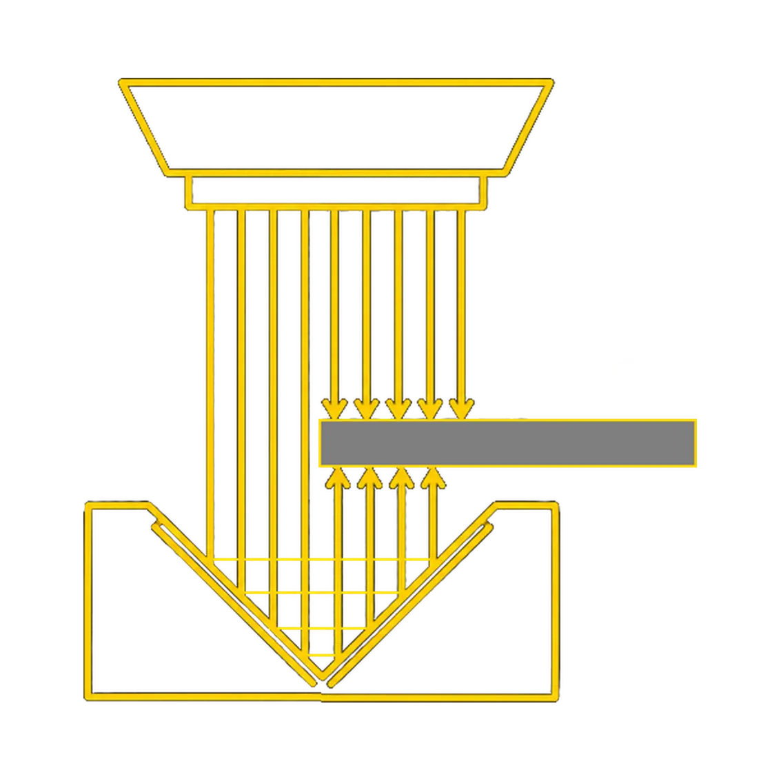 Diagram illustrating telecentric optics with parallel rays measuring a recessed surface, enhancing accuracy in bores and complex geometries.