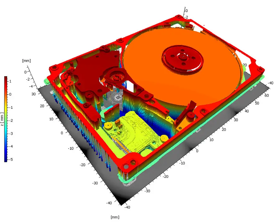 硬盘驱动器3D表面形貌色彩高度图，展示精密表面 roughness 和平整度测量数据。