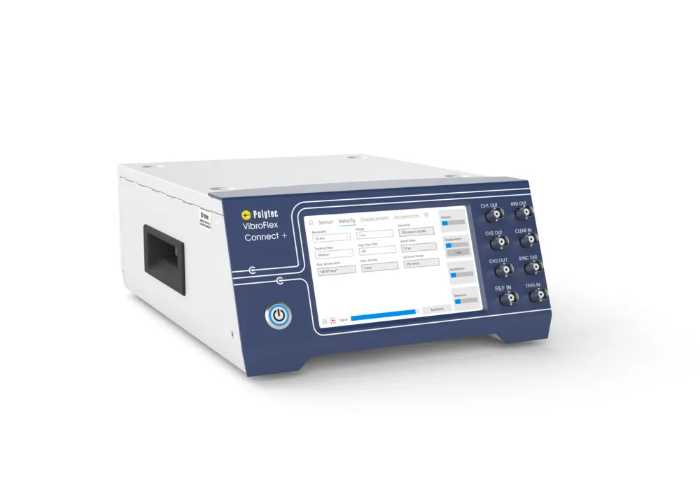 Polytec VibroFlex Connect+激光振动测量前端,集成参考通道、信号发生器与WiFi,高带宽支持无线调控。