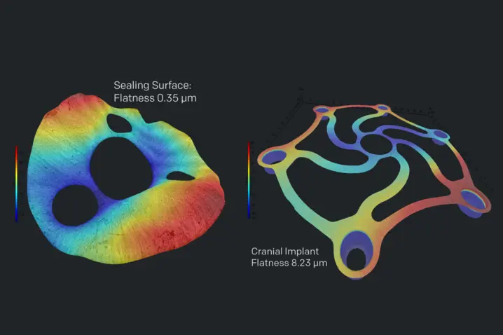 Color-coded 3D topography maps showing sealing surface flatness at 0.35 µm and cranial implant flatness at 8.23 µm for precision surface analysis.