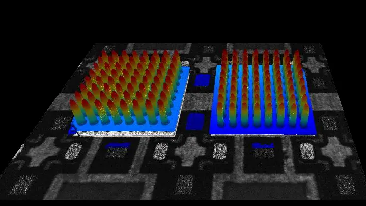 球栅阵列（BGA）3D高度测量图，显示芯片表面凸点的光学质量检测与翘曲分析。