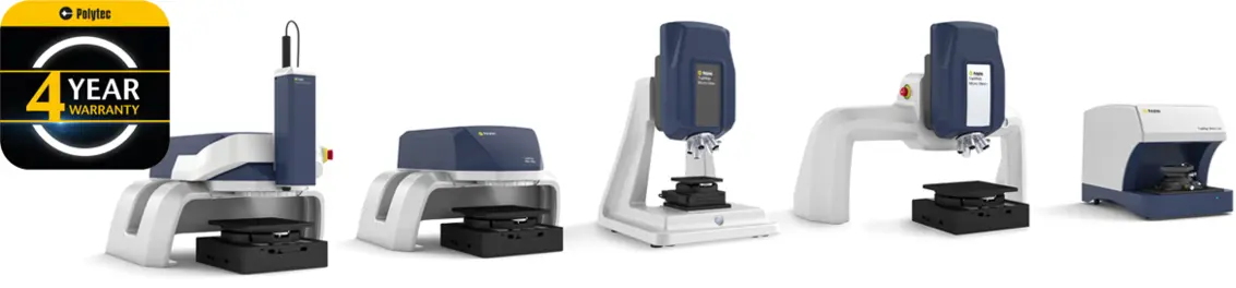 Polytec laser micrometers lineup featuring advanced non-contact measurement tools with 4-year warranty badge.