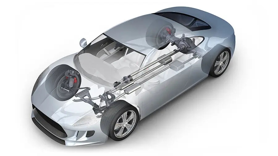 Transparent sports car highlighting drivetrain and suspension systems in automotive surface metrology and precision engineering.