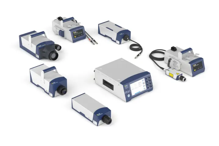 Polytec VibroFlex 产品系列，包括 Connect+ 前端和用于非接触振动测量的激光传感器头。