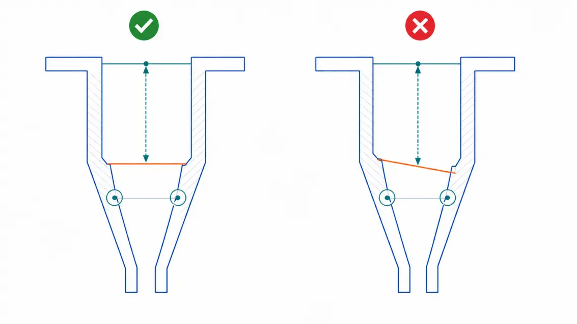 Diagram comparing correct and incorrect step-height measurements in a catheter hub for leak-tight connection verification.