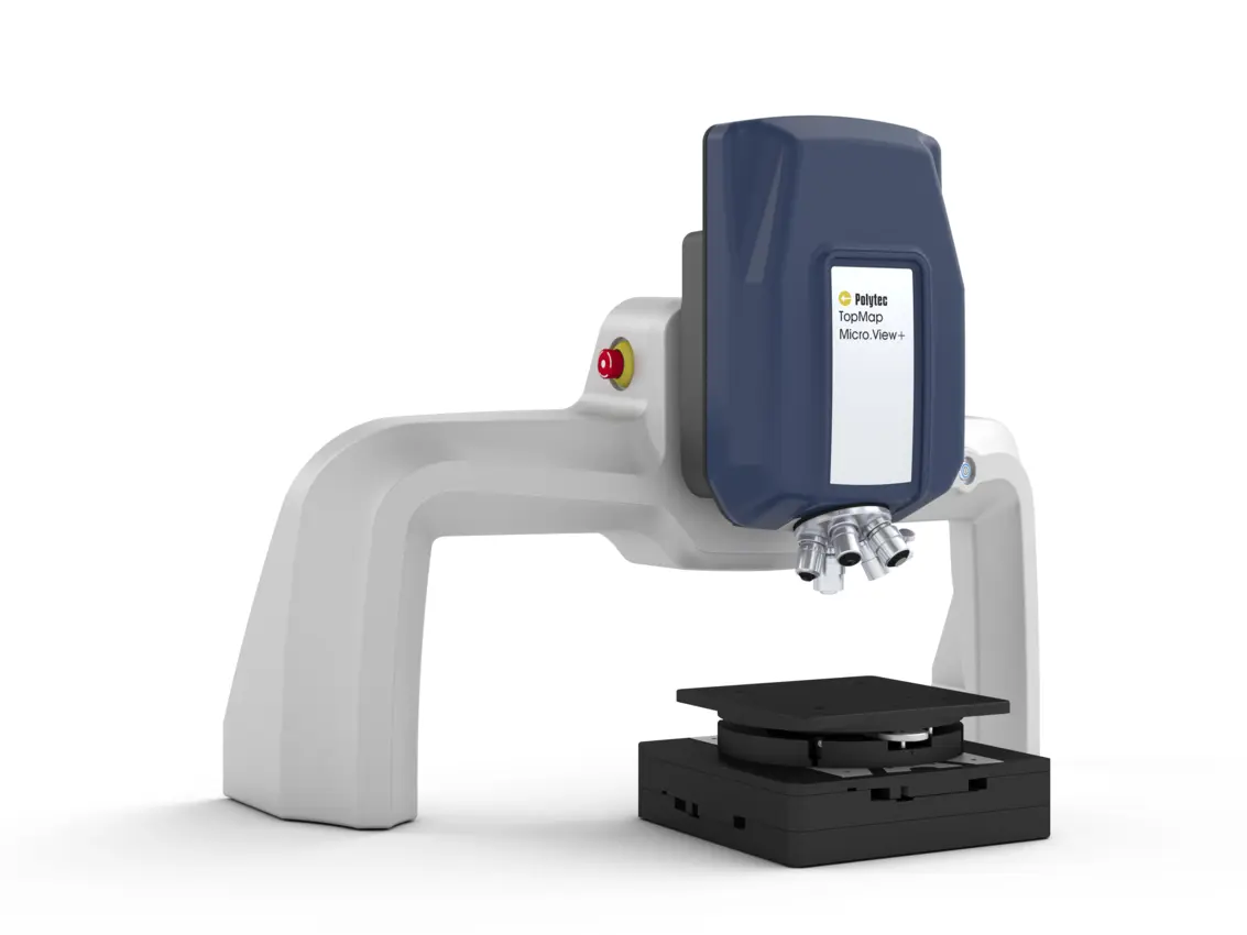Polytec TopMap Micro.View+ automated profilometer with motorized stage for high-precision 3D surface roughness and large Z-range measurements.