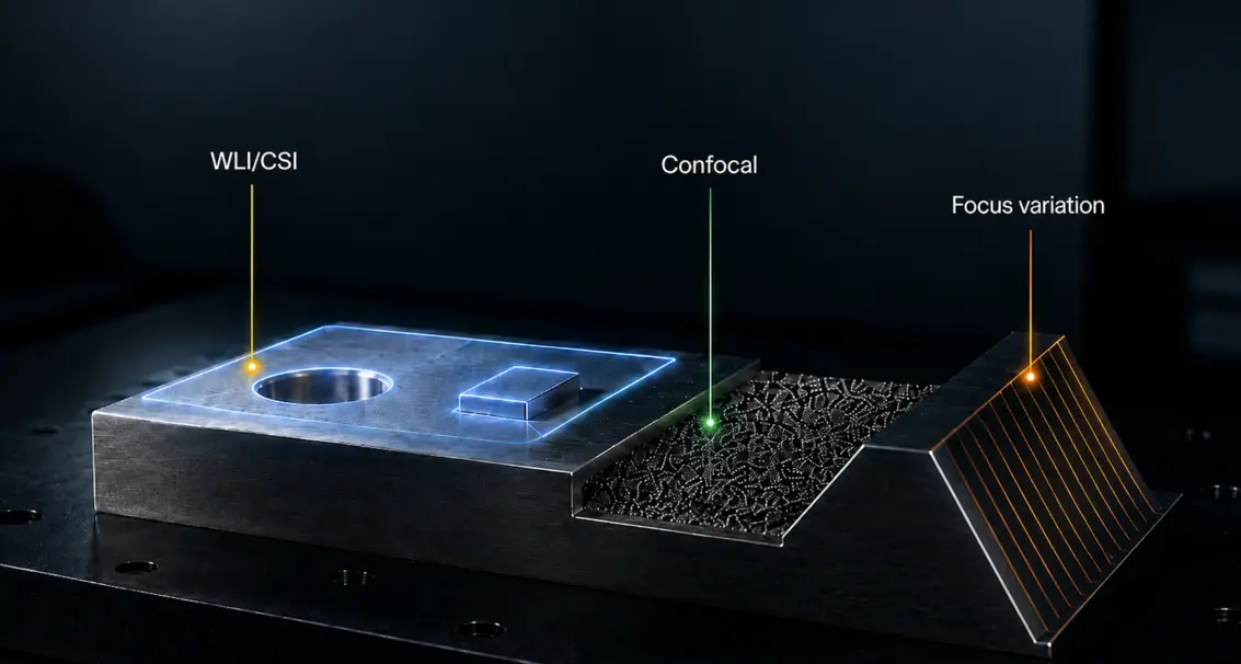 Metal surface sample illustrating three optical profilometry methods: WLI/CSI on smooth area, confocal on textured middle, and focus variation on steep flanks.