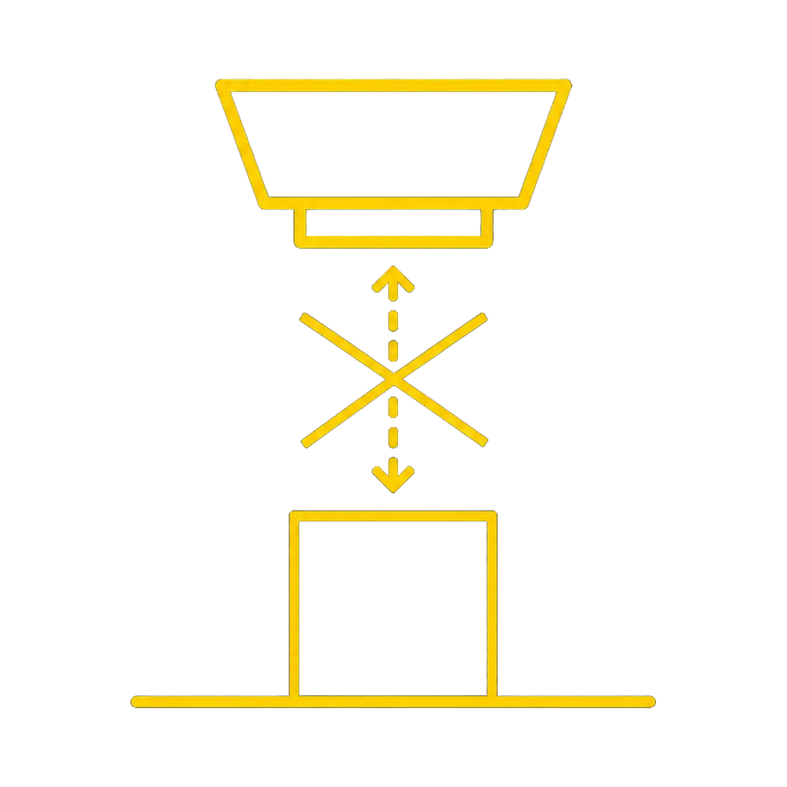 Yellow icon showing a monitor with arrows crossing an "X" between it and a box on a flat surface, symbolizing no direct connection or interaction.