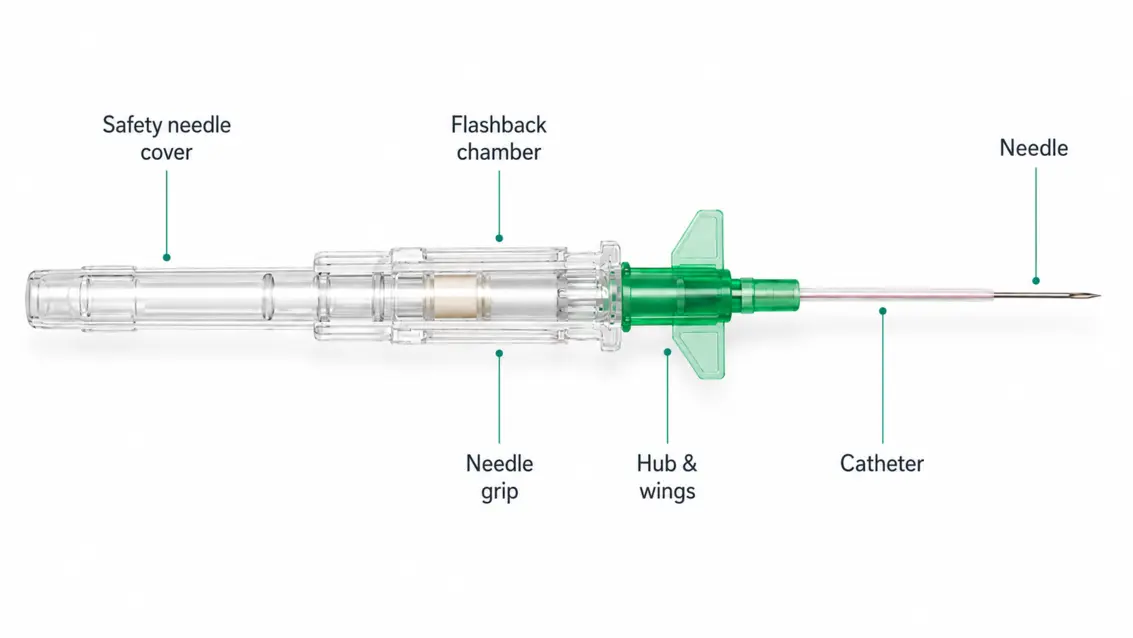 Clear labeled diagram of a catheter showing safety needle cover, flashback chamber, needle grip, hub with wings, catheter tube, and needle.